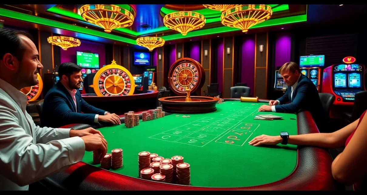 Experience the thrill of casino gaming at https://new88seotop.com/ with players at a poker table engaging in a high-stakes game.