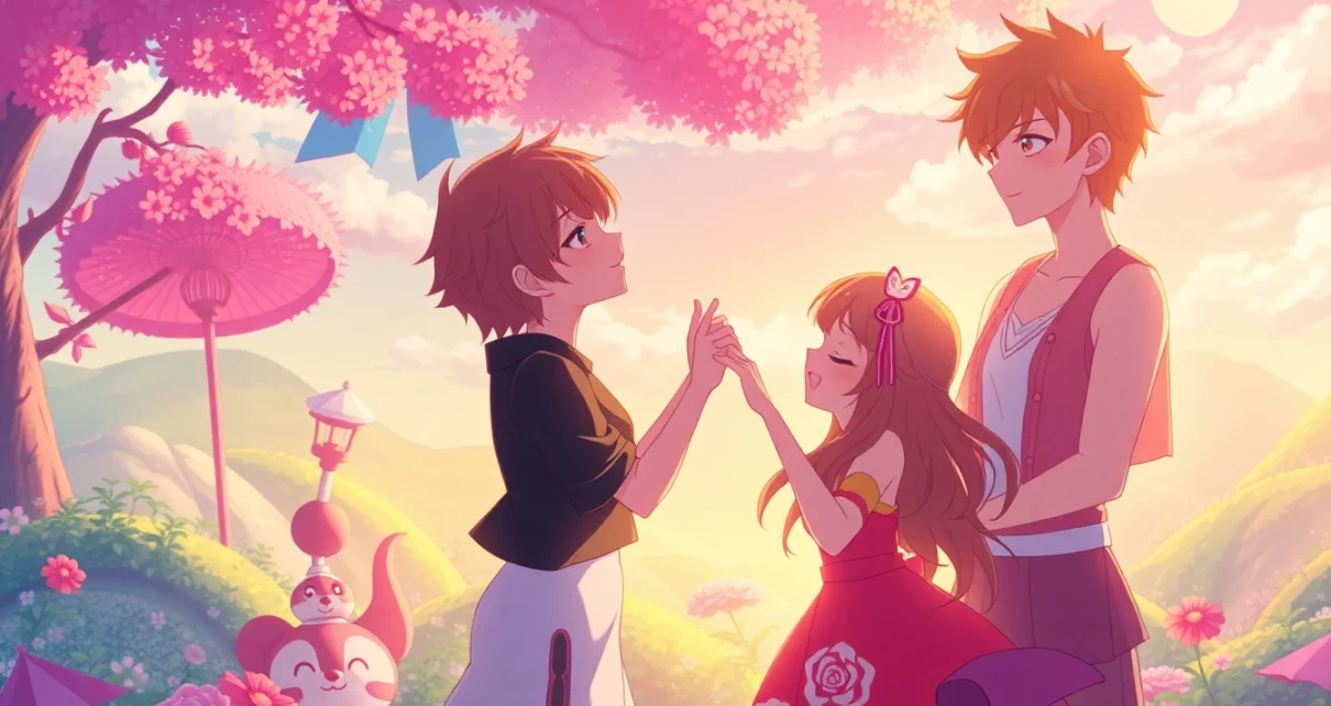 Dynamic anime sex scene featuring vibrant characters in a colorful fantasy landscape.