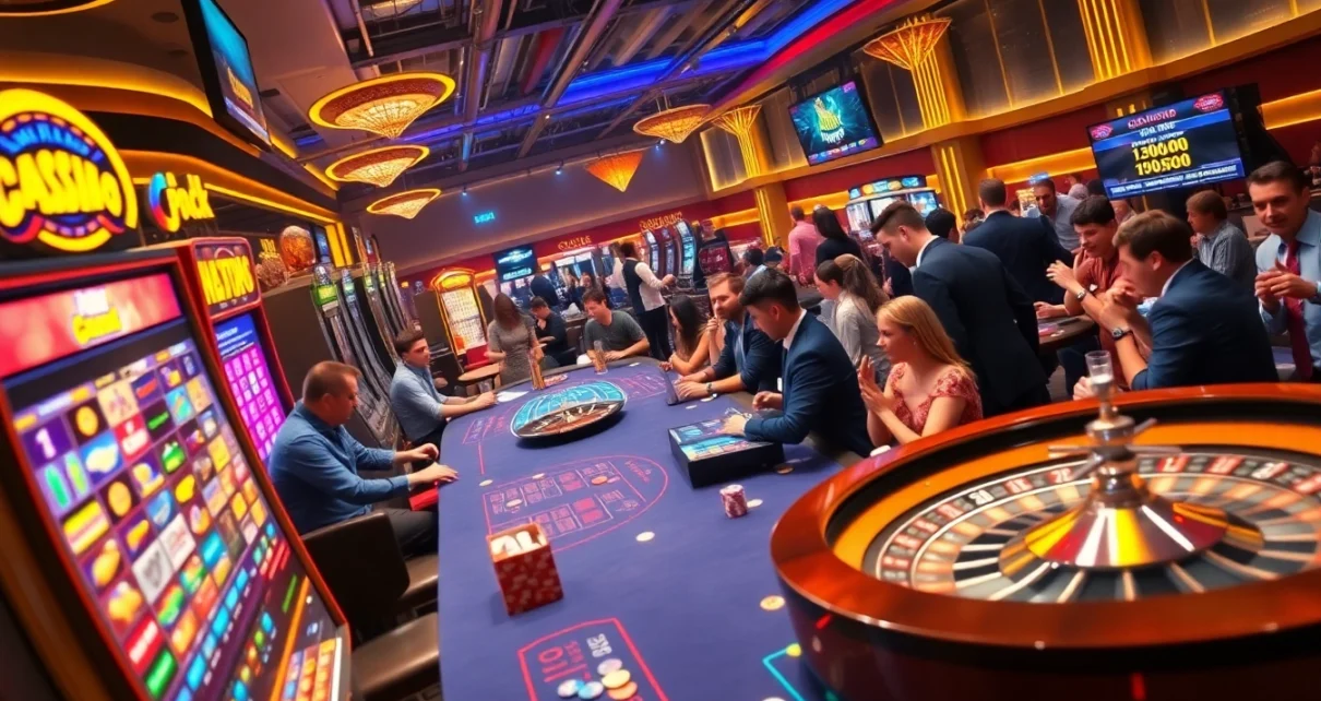 Cakhiatv showcases the excitement of a vibrant casino floor with live gambling action, featuring slot machines and poker tables.