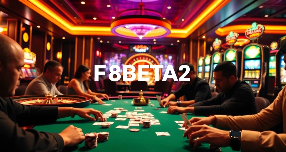 Experience the exhilarating atmosphere of a bustling casino featuring the exciting game action of F8BETA2 with players at the poker table and an engaging roulette wheel.