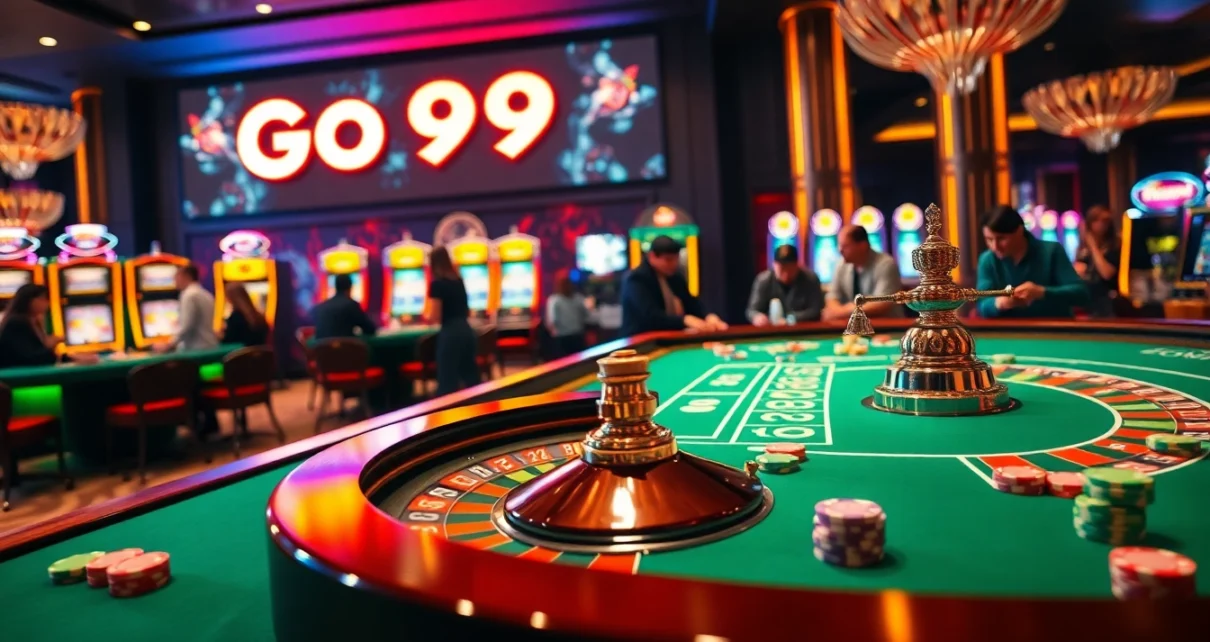 Experience the thrill of Go99 at an upscale casino with vibrant roulette action and poker chips.